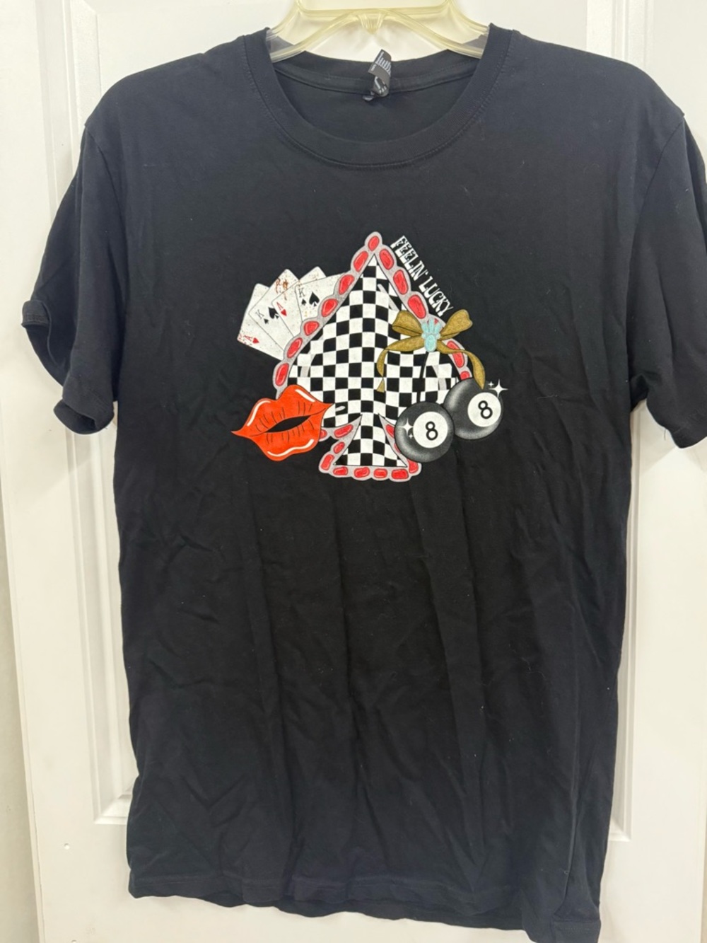 Black Graphic Tee with Checkerboard Spade & 8-Ball Motif